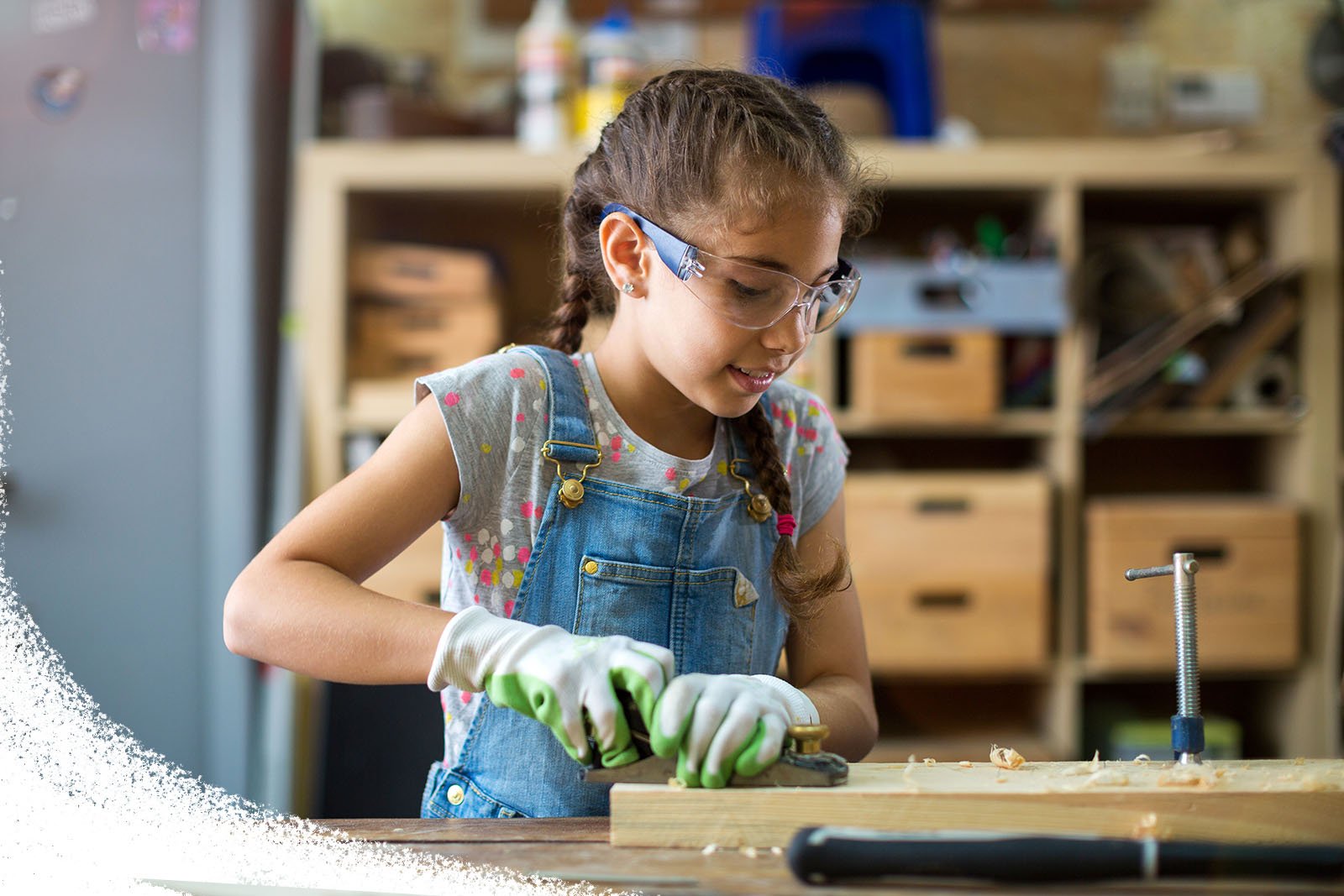 Girl,Building,Birdhouse,In,Garage
